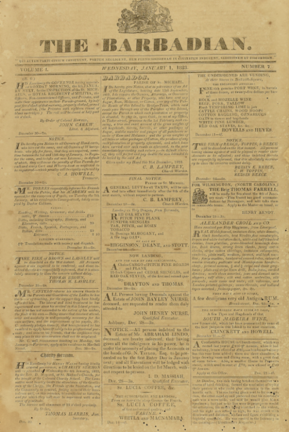 The Barbadian newspaper from 1 January 1823.