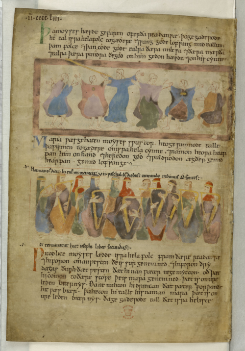 Manuscript page. Two illustration in text. Top, dancing figures. Below, women playing harps