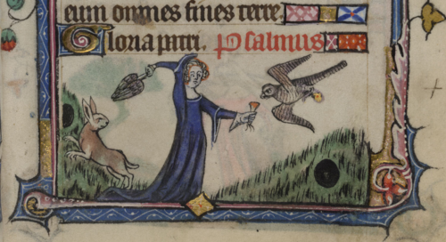 Detail of a bas-de-page scene of a lady hawking for a hare