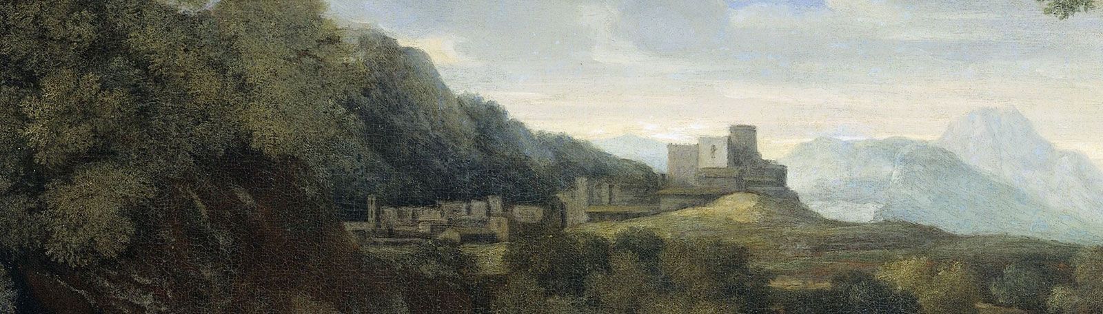 Painting of castle in mountain landscape.