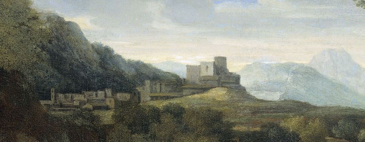 Painting of castle in mountain landscape.