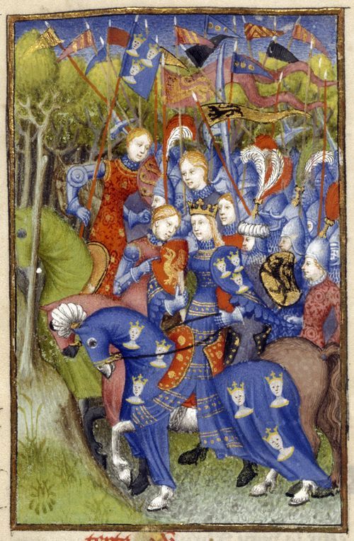 An illustration of Queen Penthesilea with and her army of Amazons riding through the forest, from Christine de Pizan's The Book of the Queen.