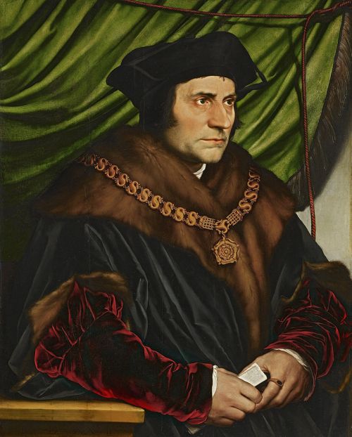 Painting of Sir Thomas Moore by Hans Holbein the Younger. Moore is painted in front of a green curtain, he wears a black hat, and a metal chain of office