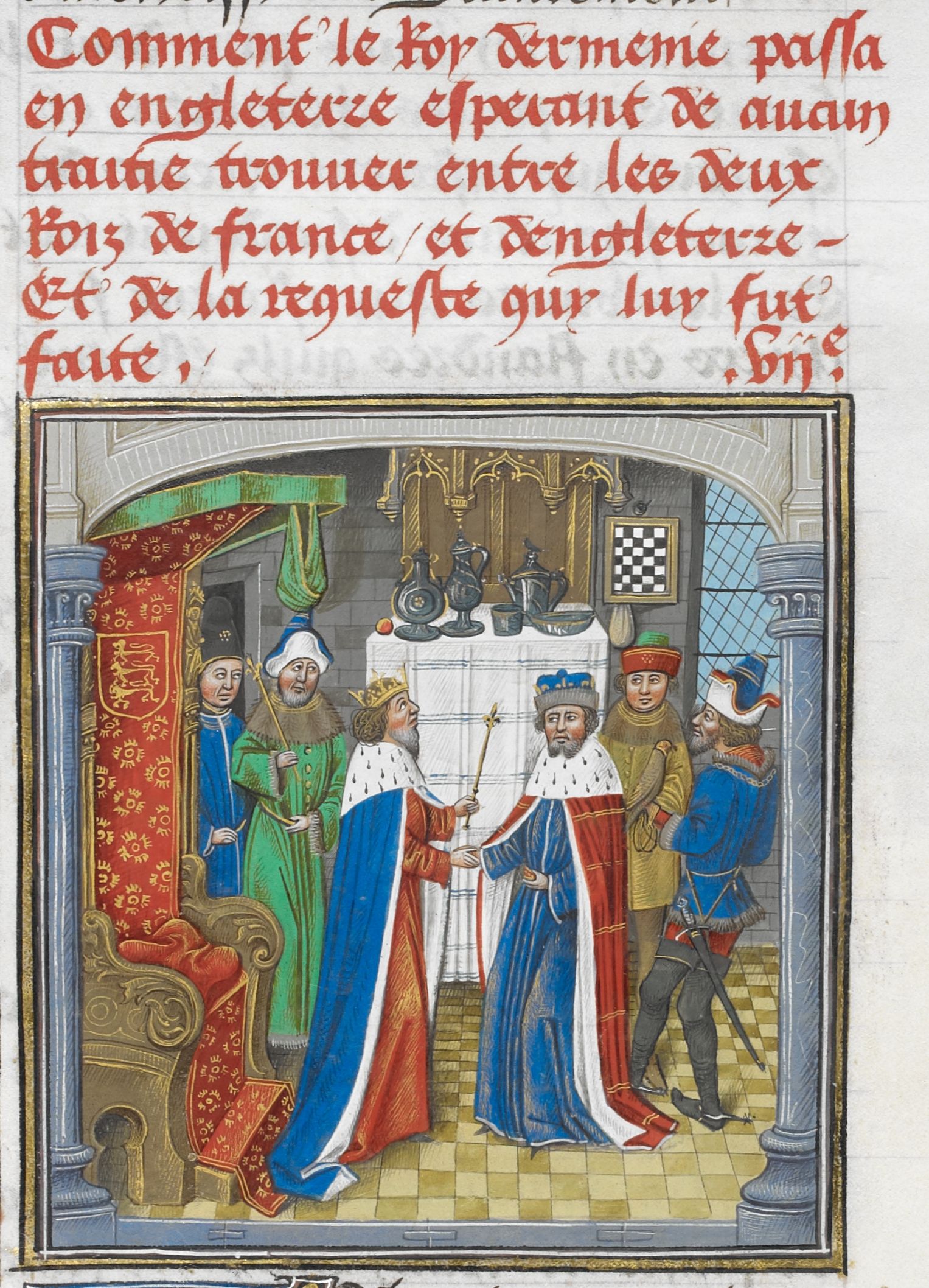 King Levon V of Cilicia meets King Richard II of England in Westminster according to the Anciennes et Nouvelles Chroniques de l’Angleterre (Royal MS 14 E IV, f 259v).