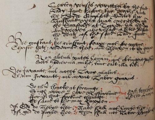 A poem that Jane purportedly inscribed in her cell at the Tower of London written in black ink with punctuation highlighted in red ink.
