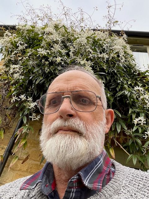 Elderly man with a white beard and glasses, wearing a grey knit sweater over a red and blue checked shirt, looking serious in front of a wall covered with flowering vines.
