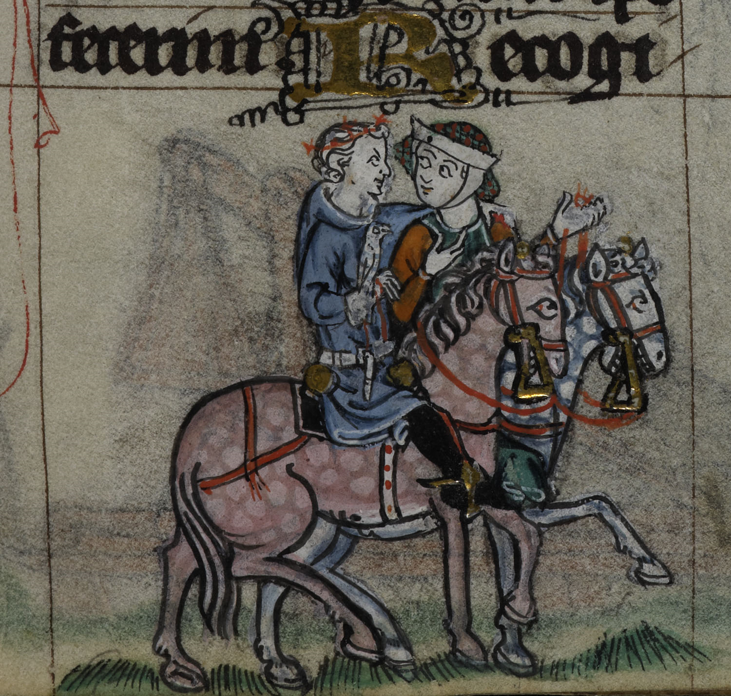 A detail from the Maastricht Hours, showing a marginal illustration of a couple courting and hawking on horseback.