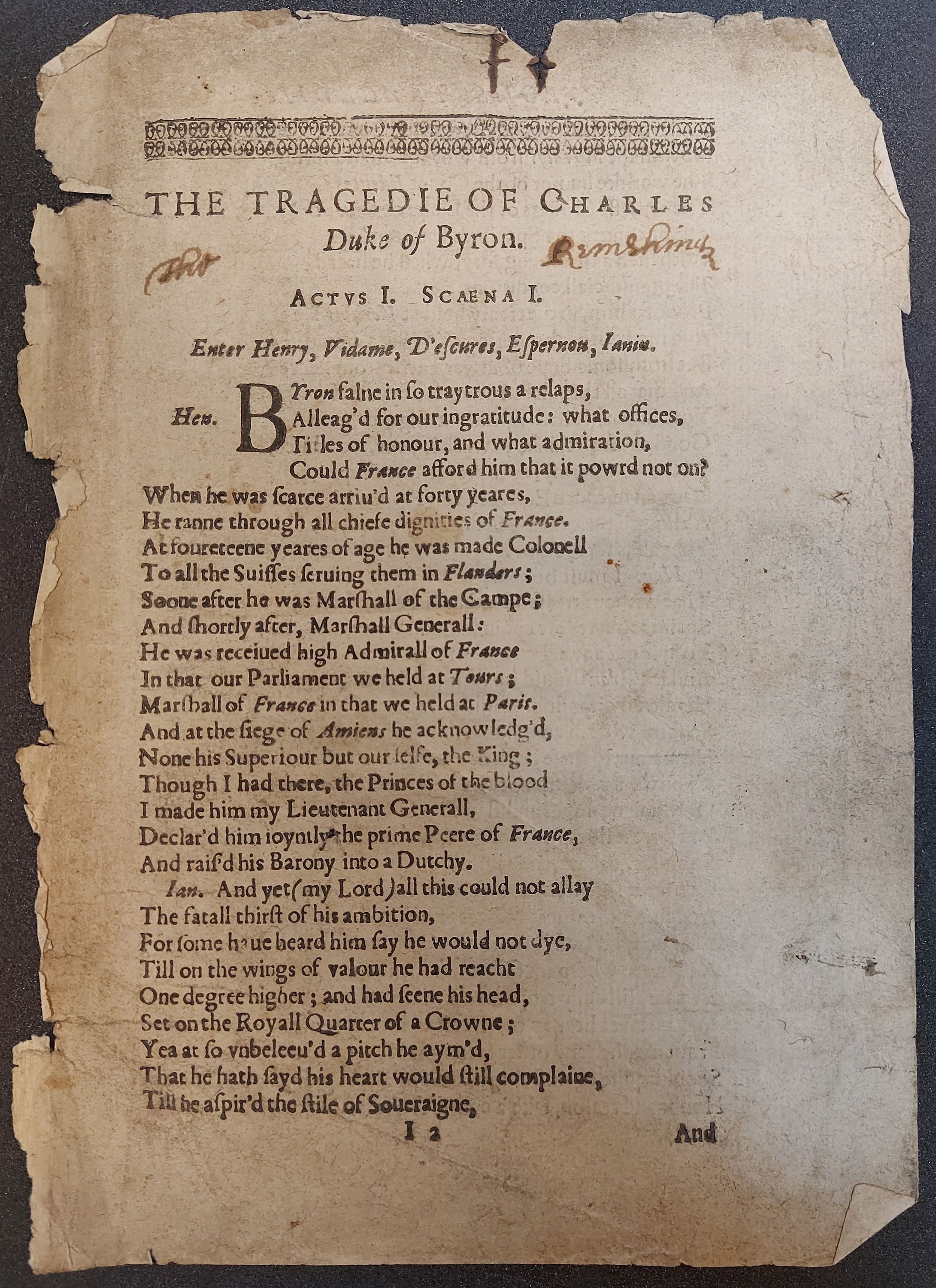 A leaf from George Chapman The conspiracie, and tragedie of Charles Duke of Byron.