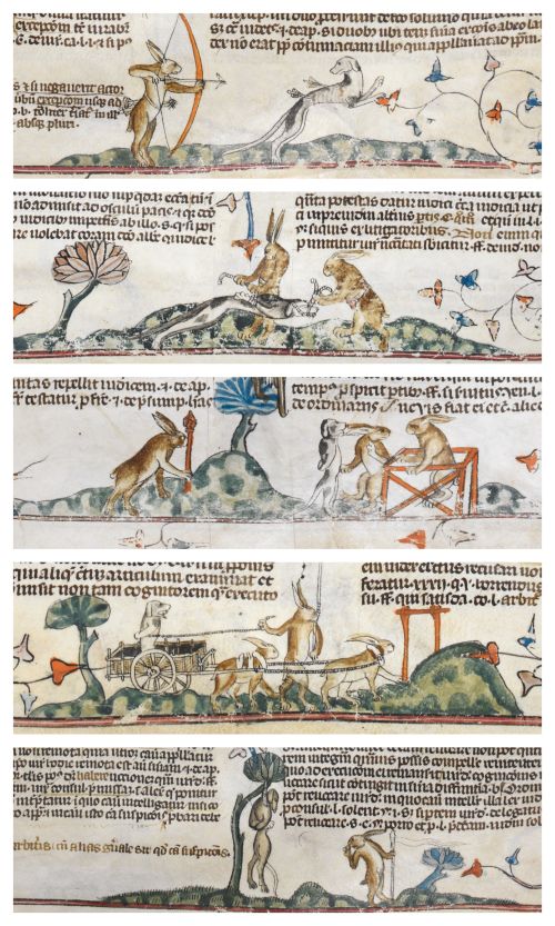 Stack of 5 details from a manuscript. 1. Rabbit shoots a dog using a bow and arrow. 2. Two rabbits tie up the dog. 3. two rabbit bring the dog before another rabbit who is a judge. 4. two rabbits pull a cart containing the dog, another rabbit walks alongside. 5. the dog is hanging from a tree, a rabbit holding a spear walks away