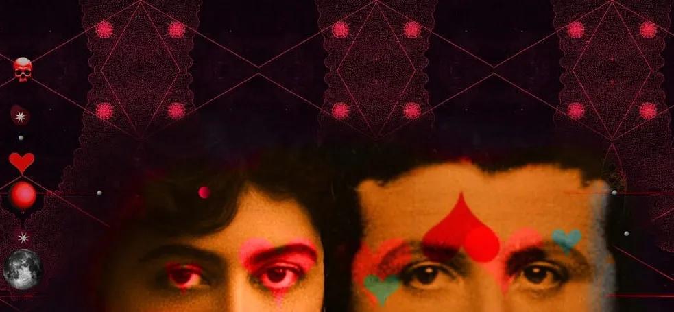 Illustrated montage showing photographs of female and male faces cut off below the eyes, with pink geometric patterns in the black background, illustrated hearts on their faces, and to the left in a vertical line, images of a skull, star, heart, red ball and the moon.