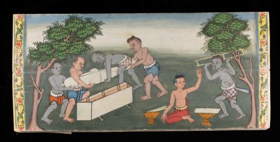 Placing the body of the deceased in a coffin.