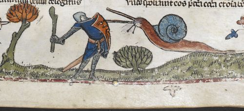 A marginal illustration from the Smithfield Decretals, showing a knight in combat with a snail.