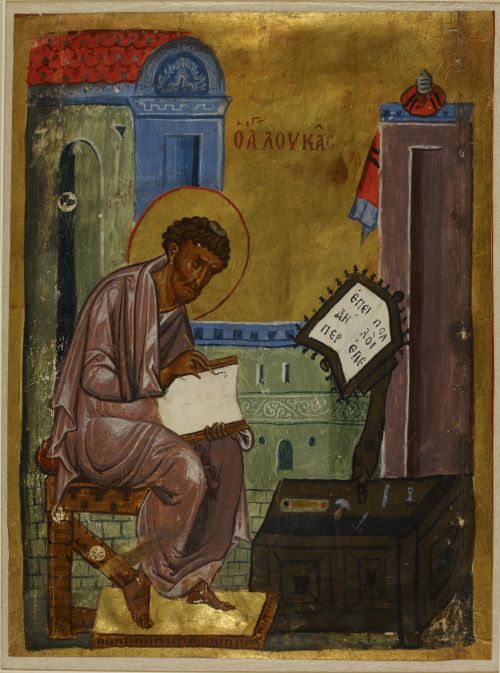 Miniature of the Evangelist Luke writing, in a 12th-century Gospel-book.