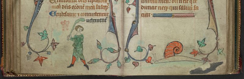An opening from a Book of Hours, featuring a marginal illustration of a man with a club fending off a snail.