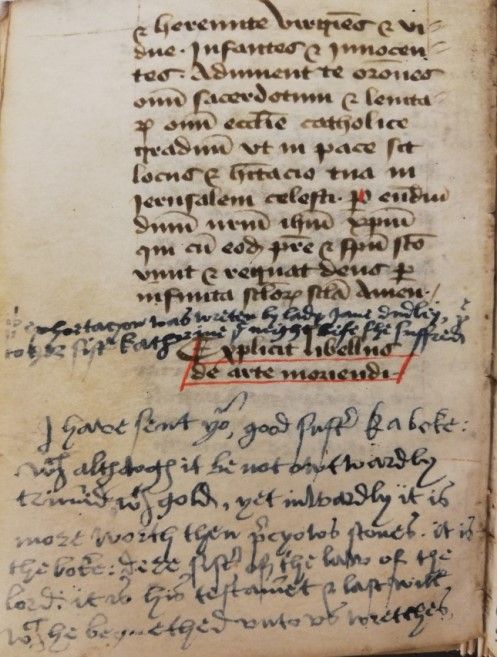 Jane’s letter to her sister Katherine written in blue ink below the Latin text Ars moriendi, which is written in brown ink.