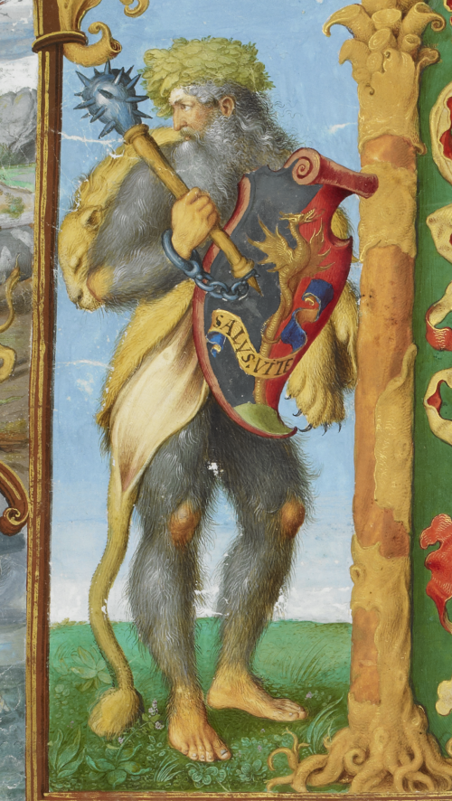 Wistful wodewose, The Genealogy of the Royal Houses of Spain and Portugal (the 'Portuguese Genealogy'), Lisbon and Bruges, 1530–1534, Add MS 12531, f. 1r .