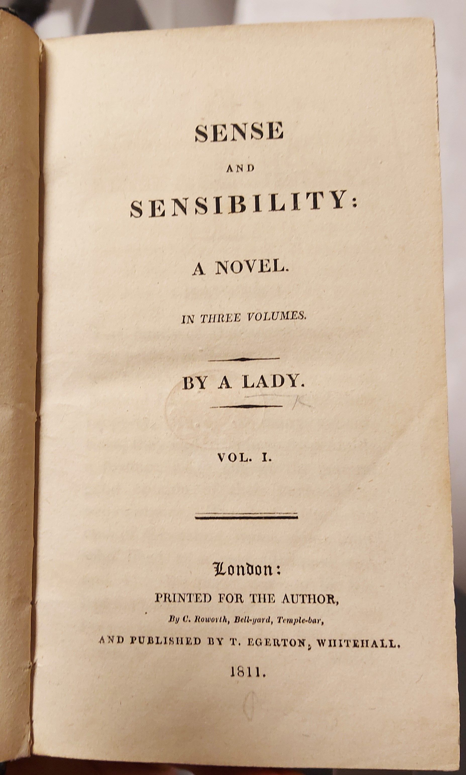 The title page of the first printed edition of Sense and Sensibility, identifying the novel as 'by a Lady'.