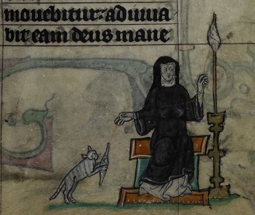 A detail from the Maastricht Hours, showing an illustration of a nun spinning and a cat playing with a spindle beside her.