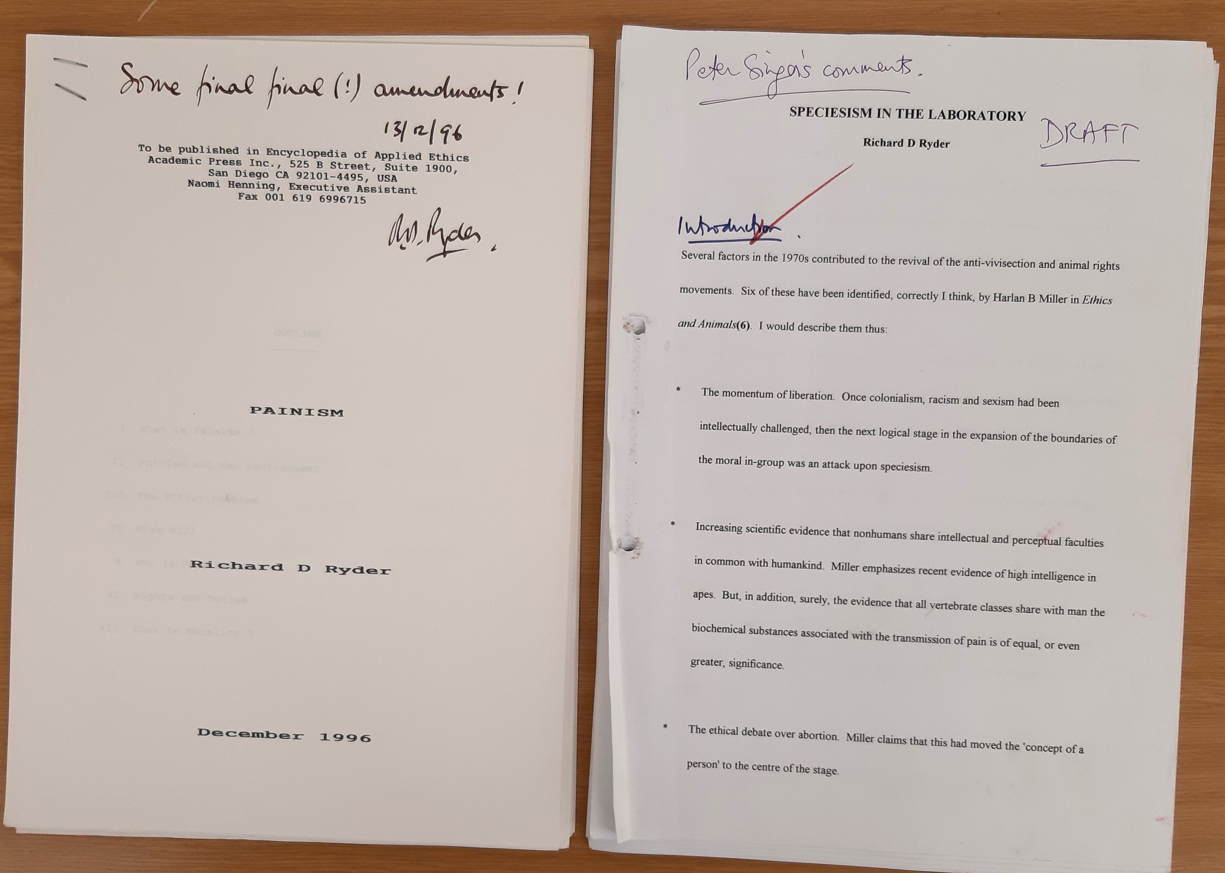 Annotated drafts of Ryder’s work, including one with comments from Peter Singer.