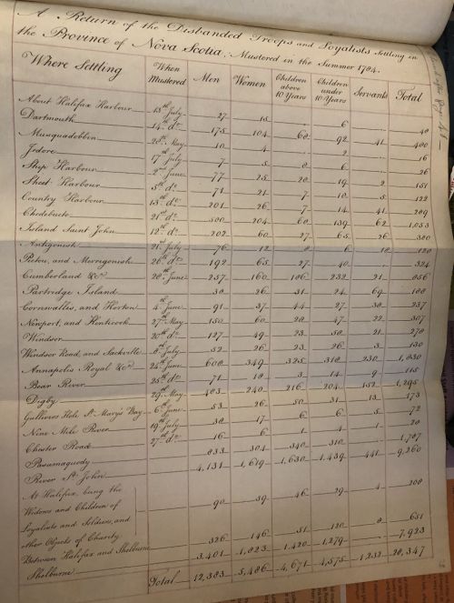 A neat pen and ink table listing where the 'Disbanded Troops and Loyalists' and their families have settled in Nova Scotia.