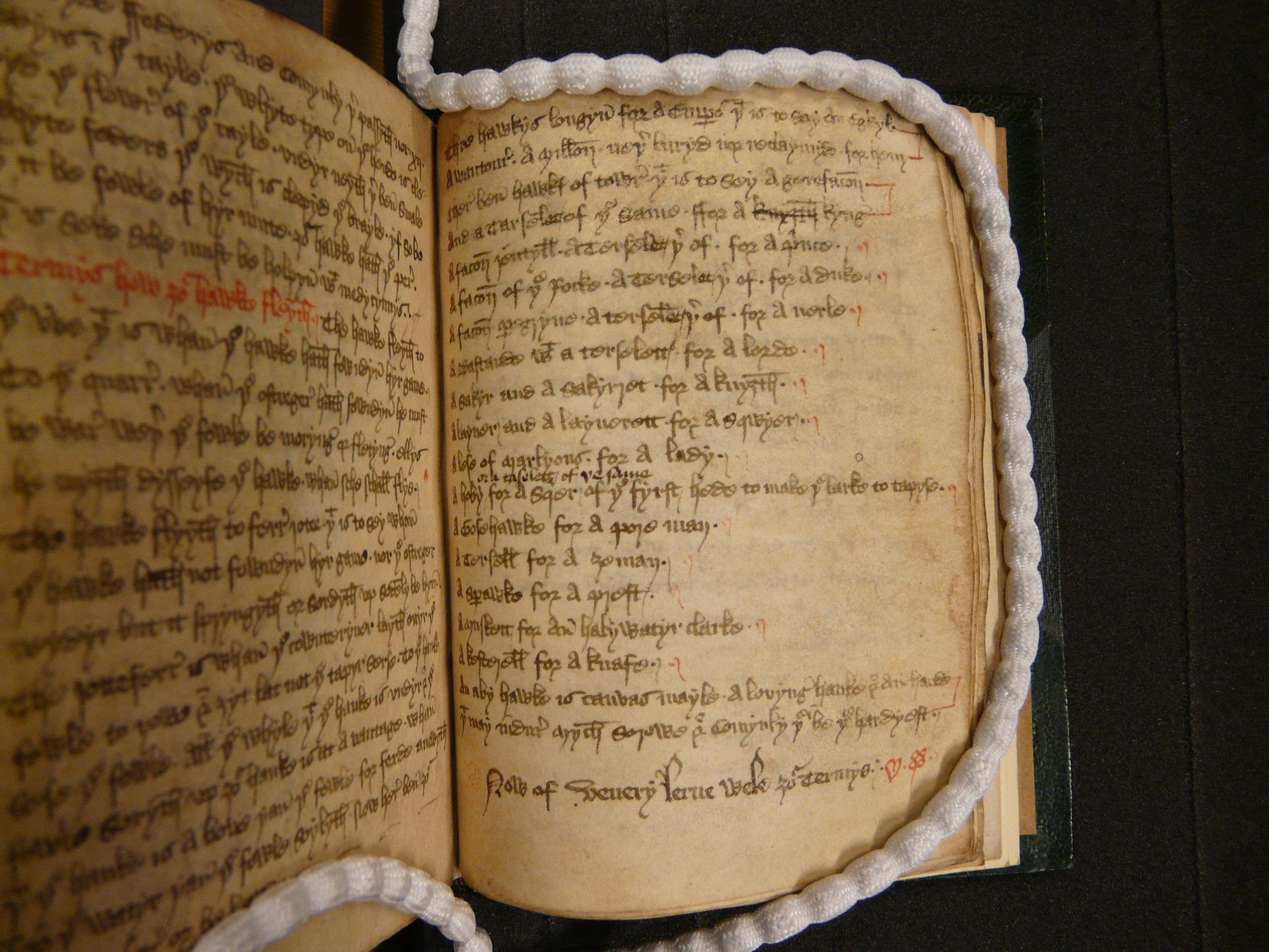 An opening from a 15th-century collection of treatises on hawking.