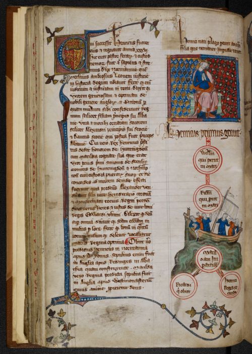Manuscript page. Miniatures of a seated man and a ship with people in it.