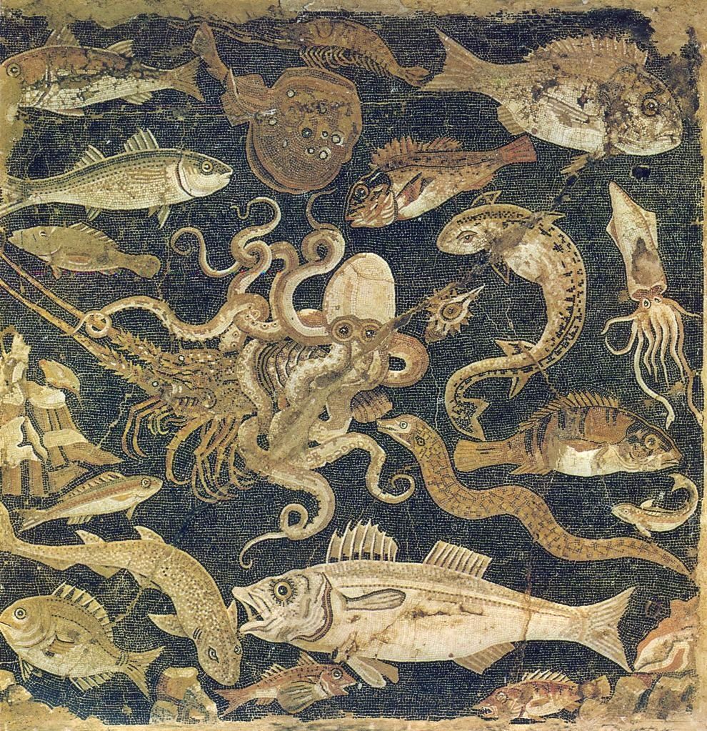 Roman mosaic, laid in a house in Pompeii showing fish, lobster, octopus and squid.