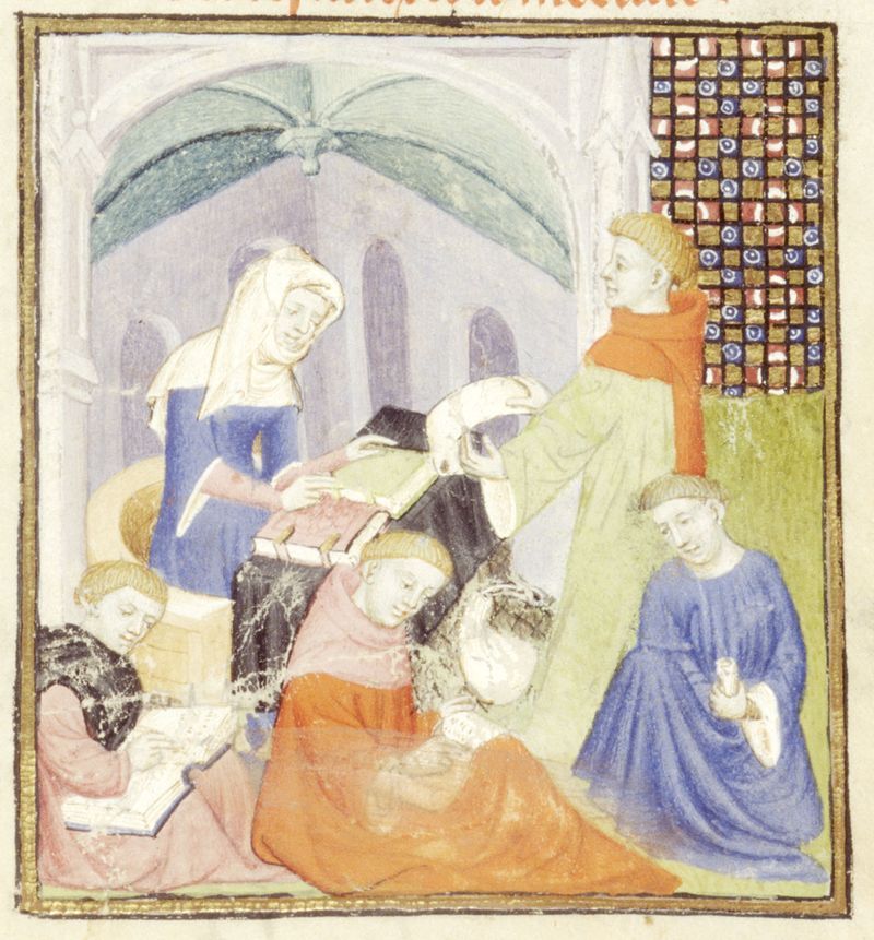 An illustration of a scriptorium, from a manuscript of Christine de Pizan's Book of the Queen.