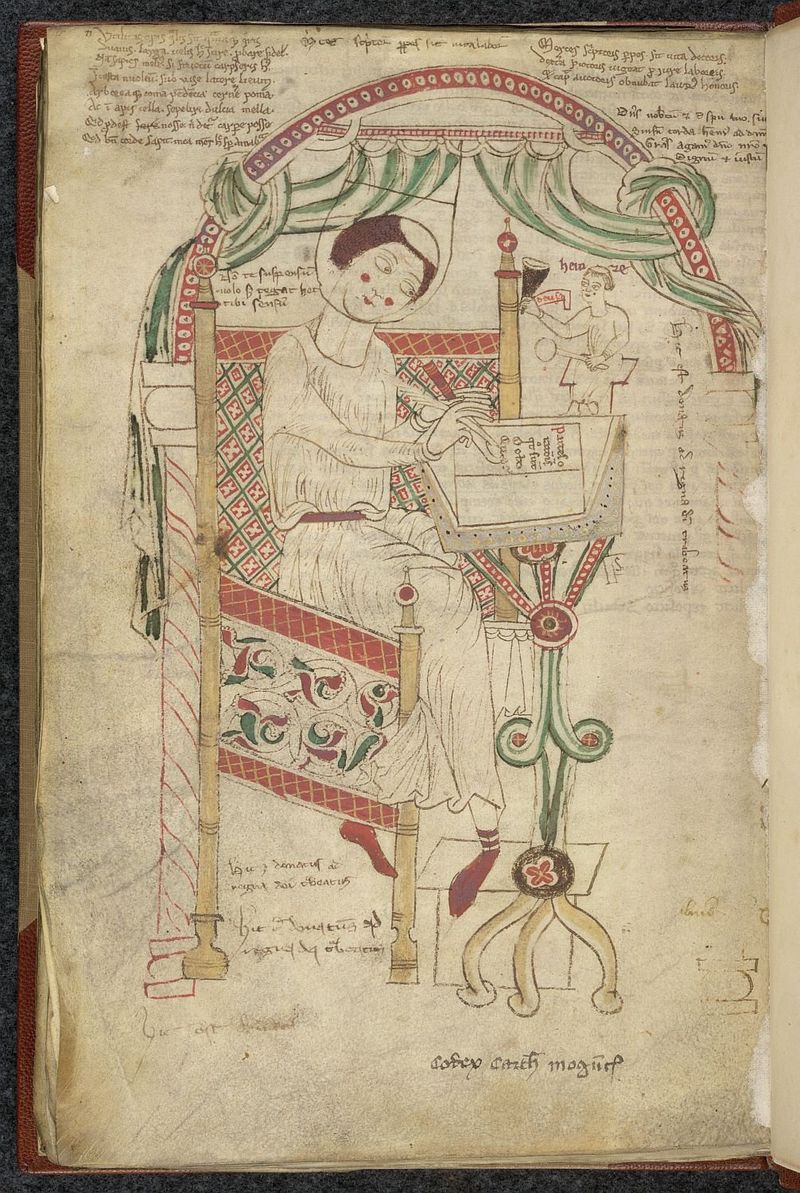 A page from a 12th-century manuscript, showing an illustration of Donatus at work.