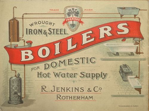 An advert for boilers. Author: Robert Jenkins and Co. Title: Boilers for domestic hot water supply. Year: [1906]