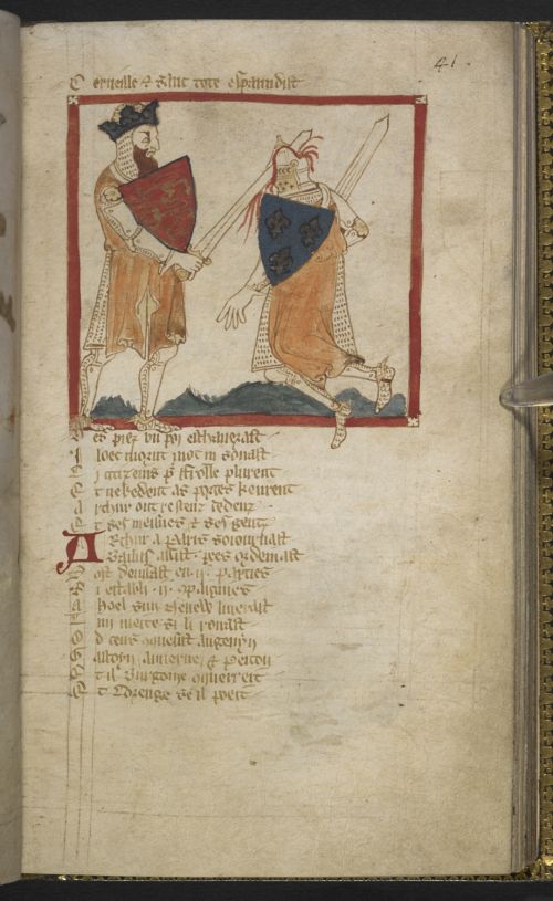 Manuscript page, image at top. Two soldiers fighting, one has been hit on the head by the others sword