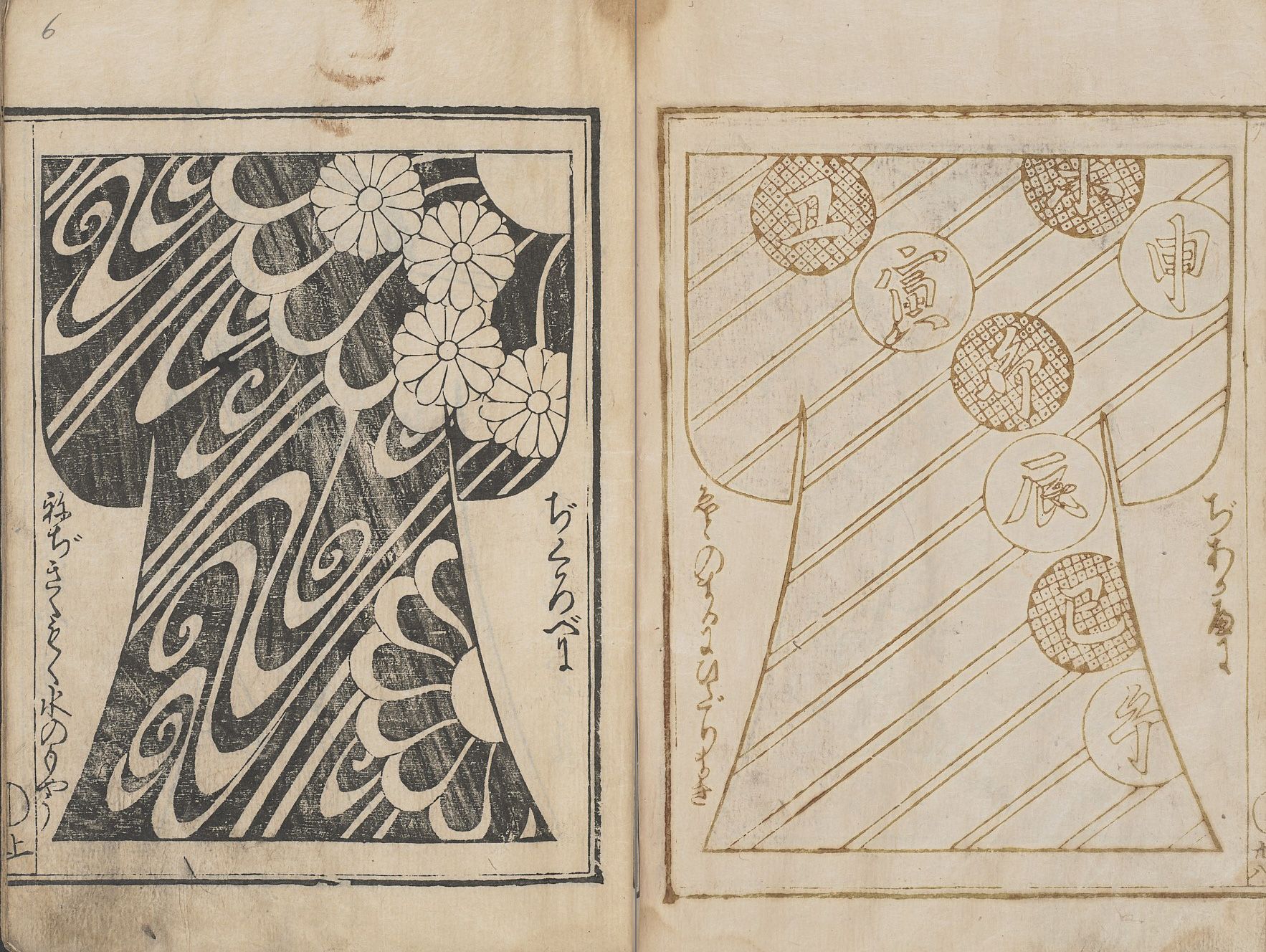 Kimono pattern of chrysanthemums printed in red and characters representing the names of the animals of the Chinese zodiac.