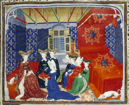 An illustration of Christine de Pizan presenting The Book of the Queen to Queen Isabeau of Bavaria.