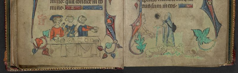 An opening from a Book of Hours, featuring a marginal illustration of the rich man's banquet and the beggar Lazarus