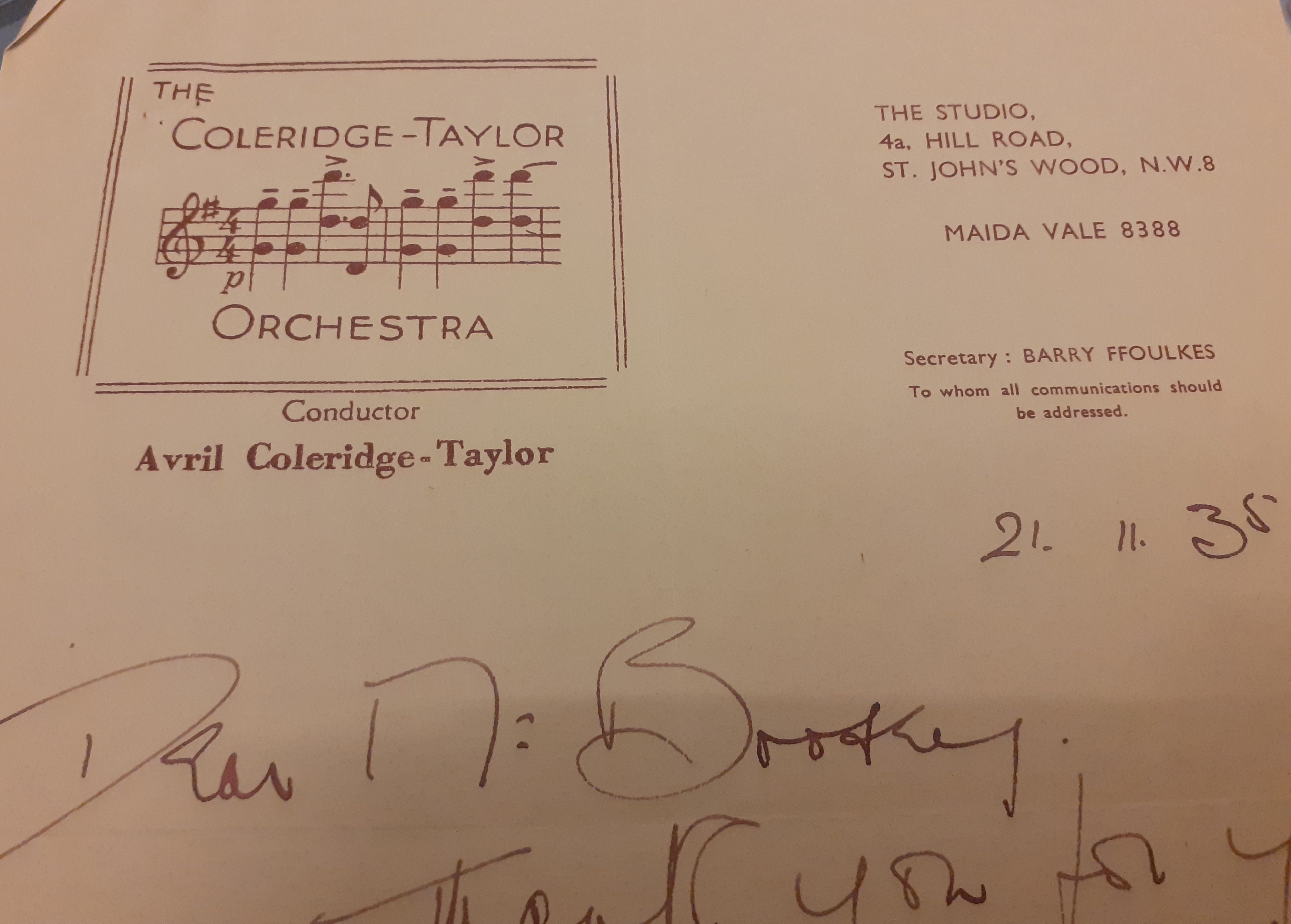 The letterhead of the Coleridge-Taylor Orchestra, which was conducted by Avril, along with some musical notation.