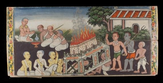 Illustration of a cremation with mourners, a priest and funeral assistants.