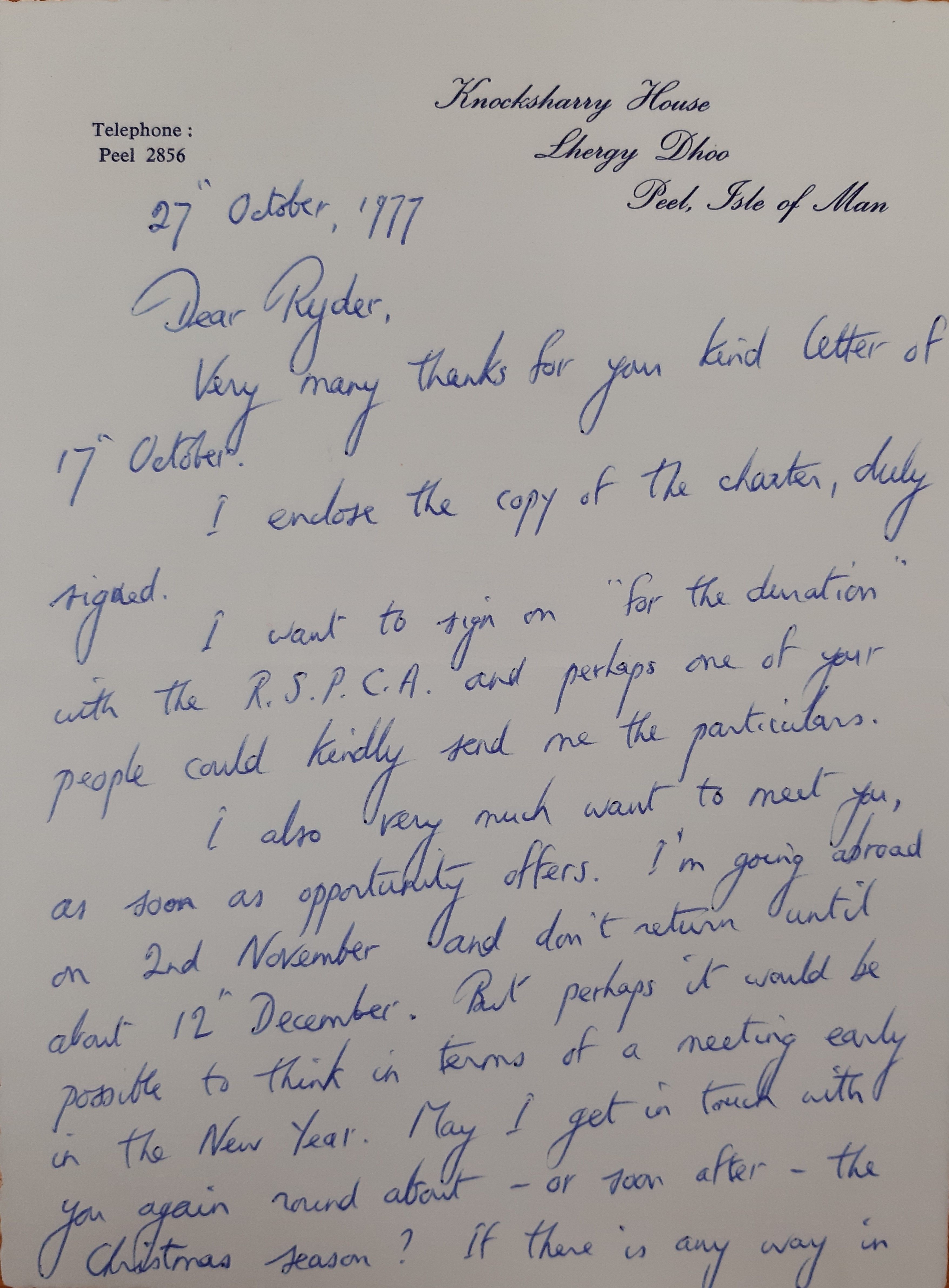 Letter to Ryder from the author, Richard Adams.