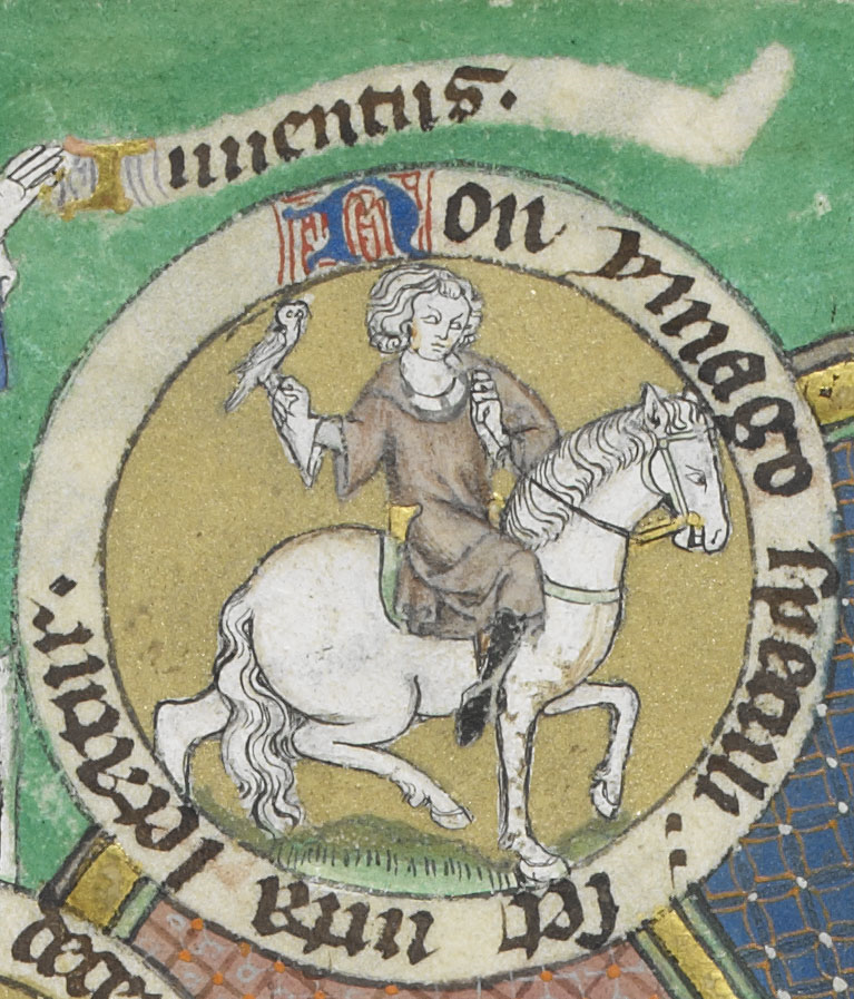A detail from the De Lisle Psalter, showing an illustration of a mounted figure with a hawk.