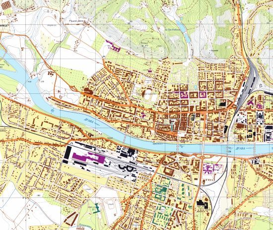 A view of Maribor, Former Yugoslavia (now Slovenia). A typical Soviet military city plan, showing as much information as possible (1:10,000, 1975).