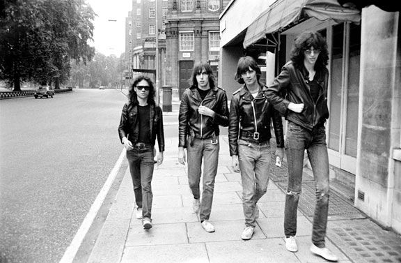 Ramones in Park Lane. Four people in jeans and leather jackets - Copyright Danny Fields