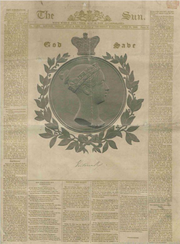 Front page of The Sun newspaper 28 June 1838 marking Queen Victoria coronation.