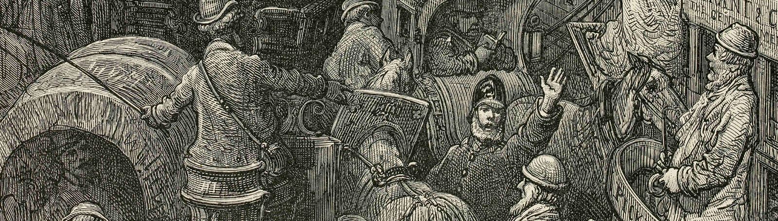 Illustration of a policeman directing directing busy horse-drawn traffic.