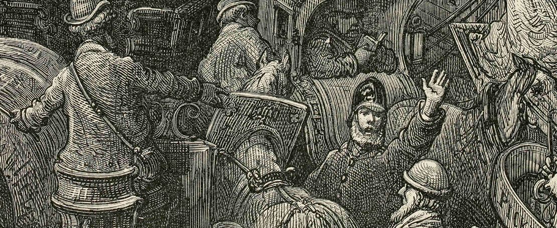 Illustration of a policeman directing directing busy horse-drawn traffic.