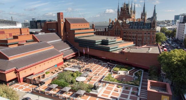 View of the British Library at St Pancras with the Piazza in view.