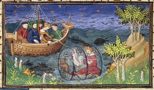 A detail from a 15th-century manuscript, showing an illustration of Alexander exploring the ocean depths with a cat and a cockerel in a glass barrel.
