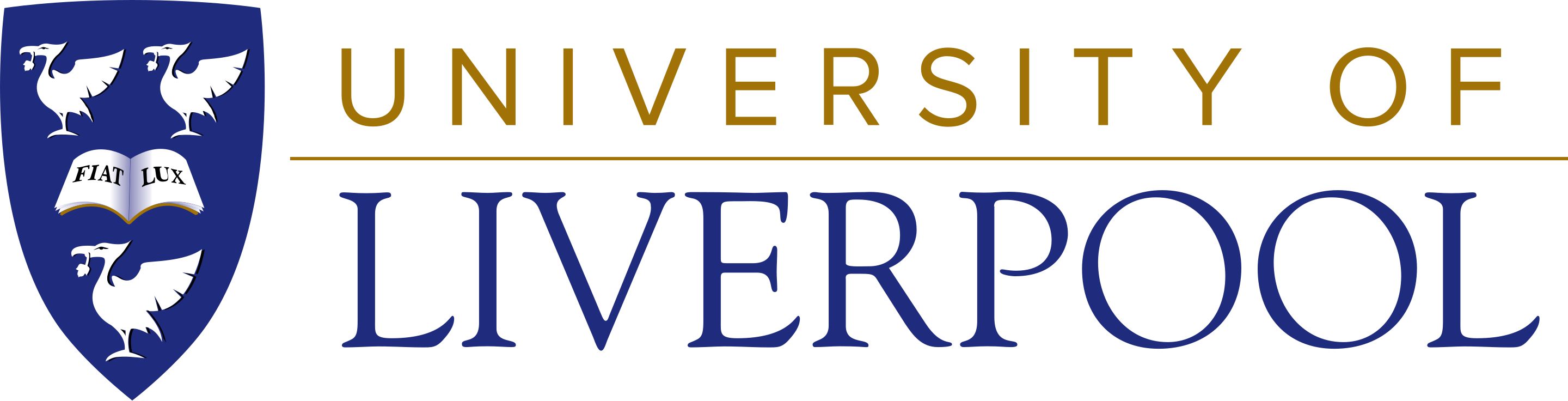 University of Liverpool logo, gold and blue text next to the crest, which features three birds and a book