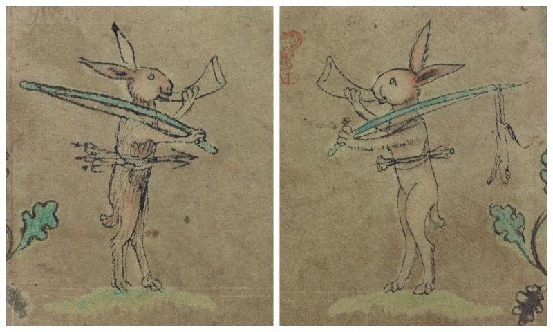 Two manuscript illustrations. Both show rabbits blowing horns