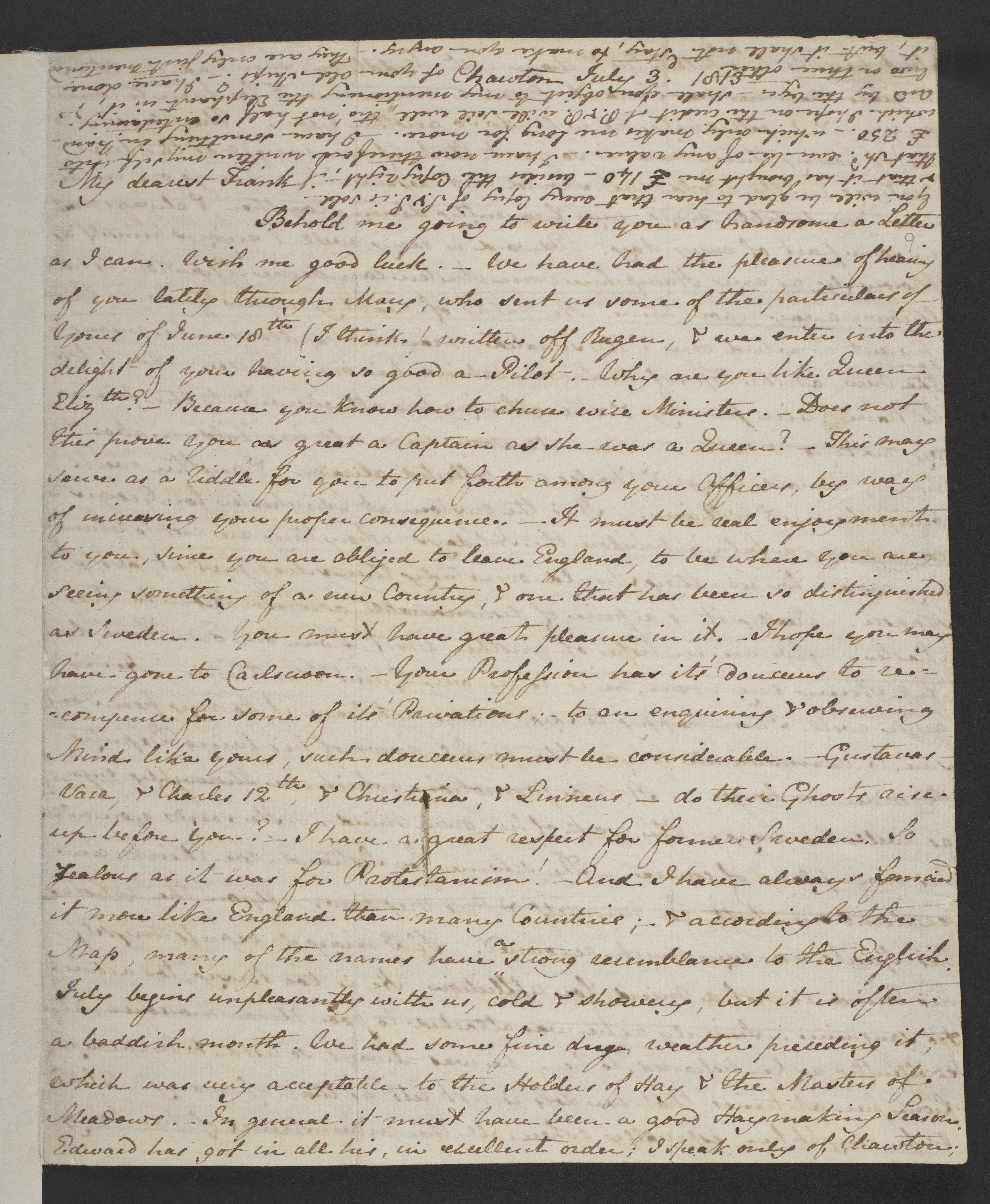 The first page of Jane Austen’s handwritten letter to her brother Frank dated 3–6 July 1813.