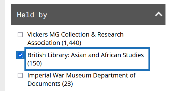Filter selection for 'British Library: Asian and African Studies' on the National Archives' Discovery platform.