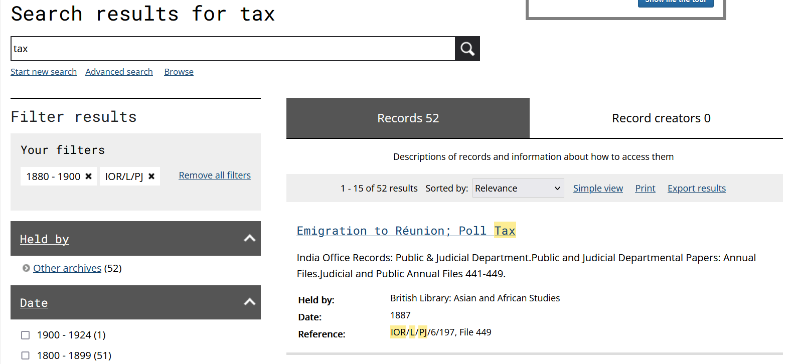 Search results for tax within IOR/L/PJ, 1880-1900 on the Discovery platform.